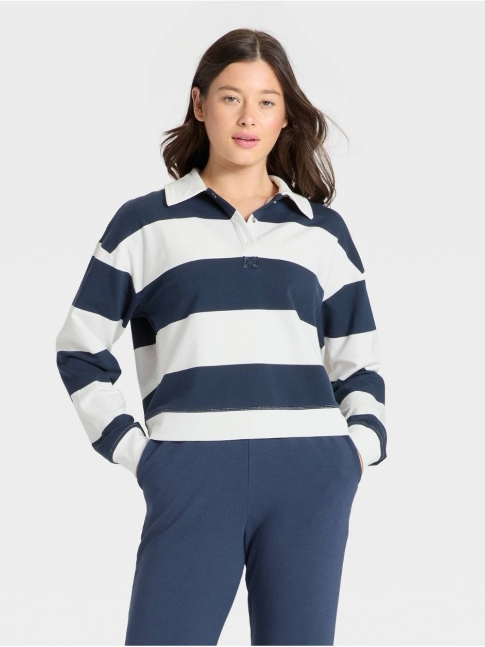 all in motion Navy and White Striped Rugby Polo Sweatshirt b154s